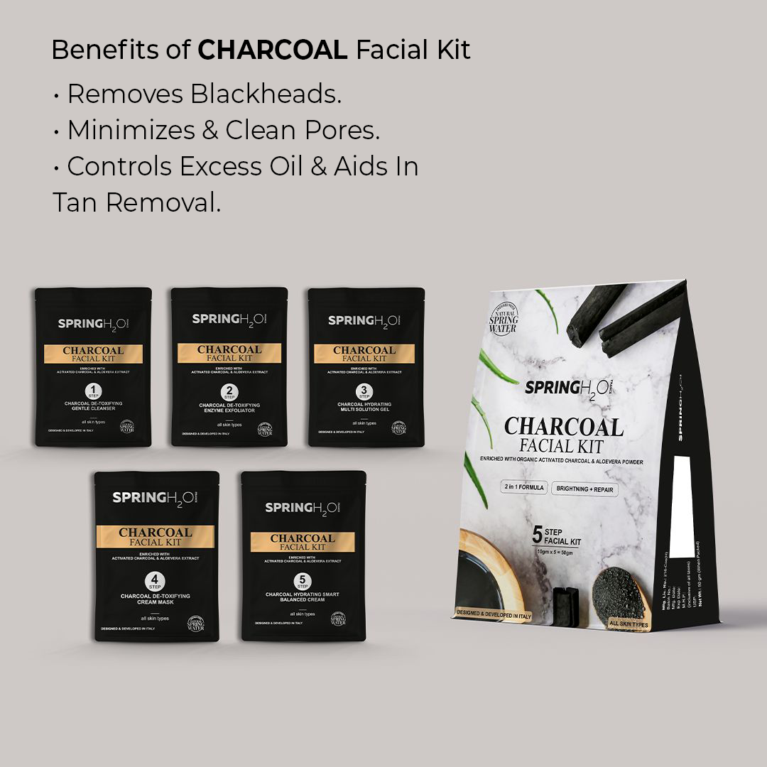 SPRING H2O Charcoal Facial Kit 50 gm 2 in 1 Formula Brightning+Repair 5 Step