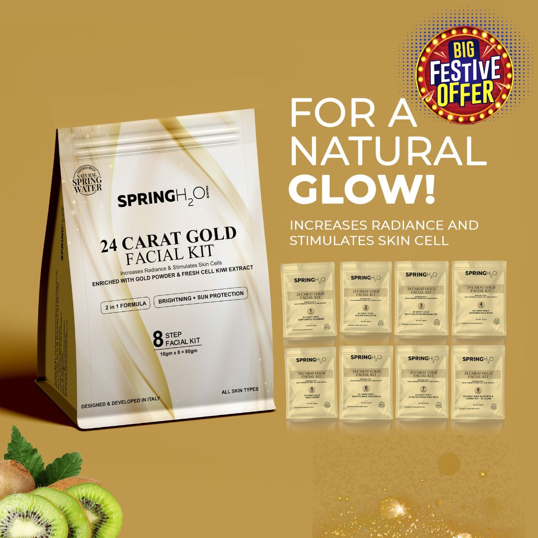 SPRING H2O 24 Carat Gold Facial Kit ,2 in 1 Formula Brightening + Sun Protection 8 Step