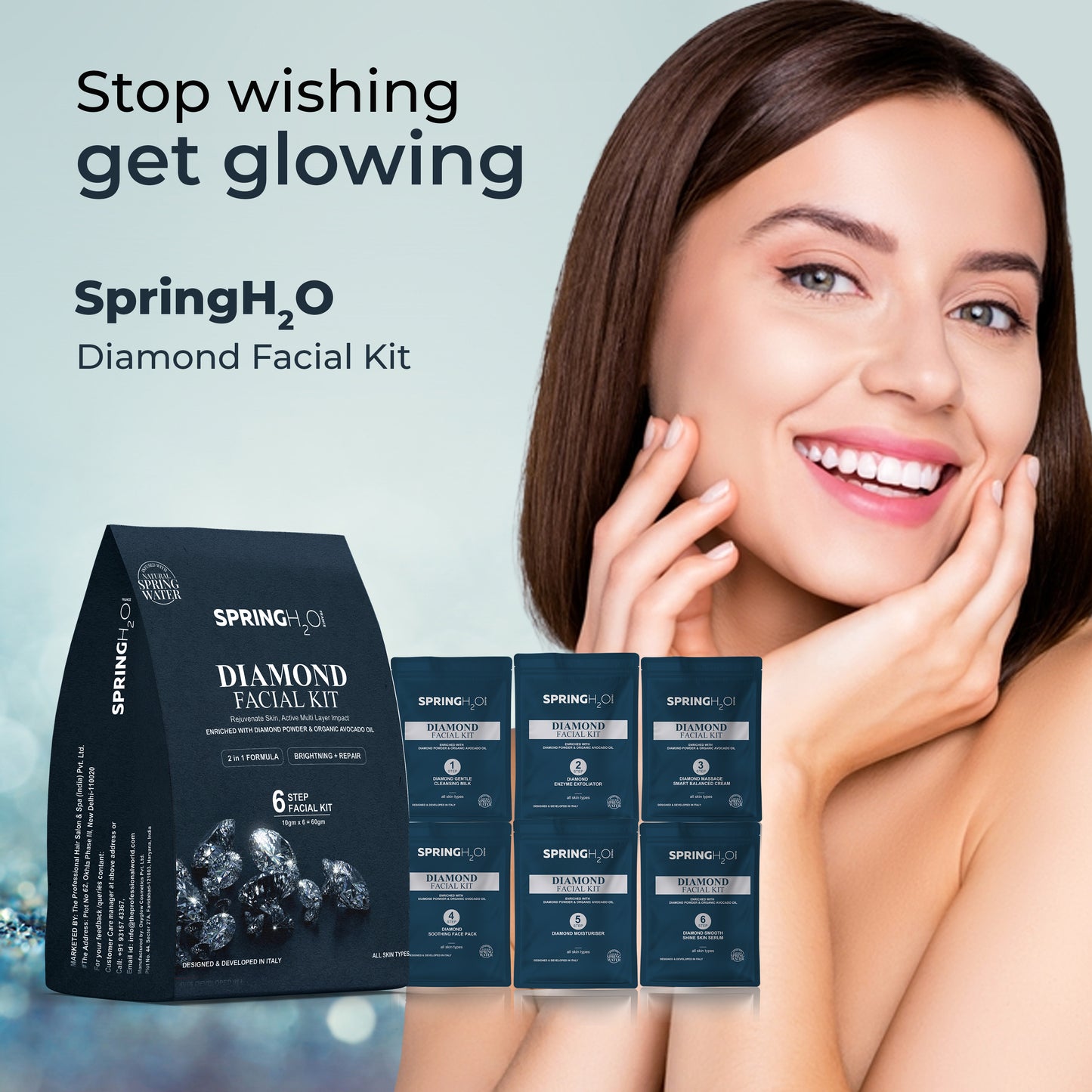 SPRING H2O Diamond Facial Kit 60 gm 2 in 1 Formula Brightning+Repair 6 Step