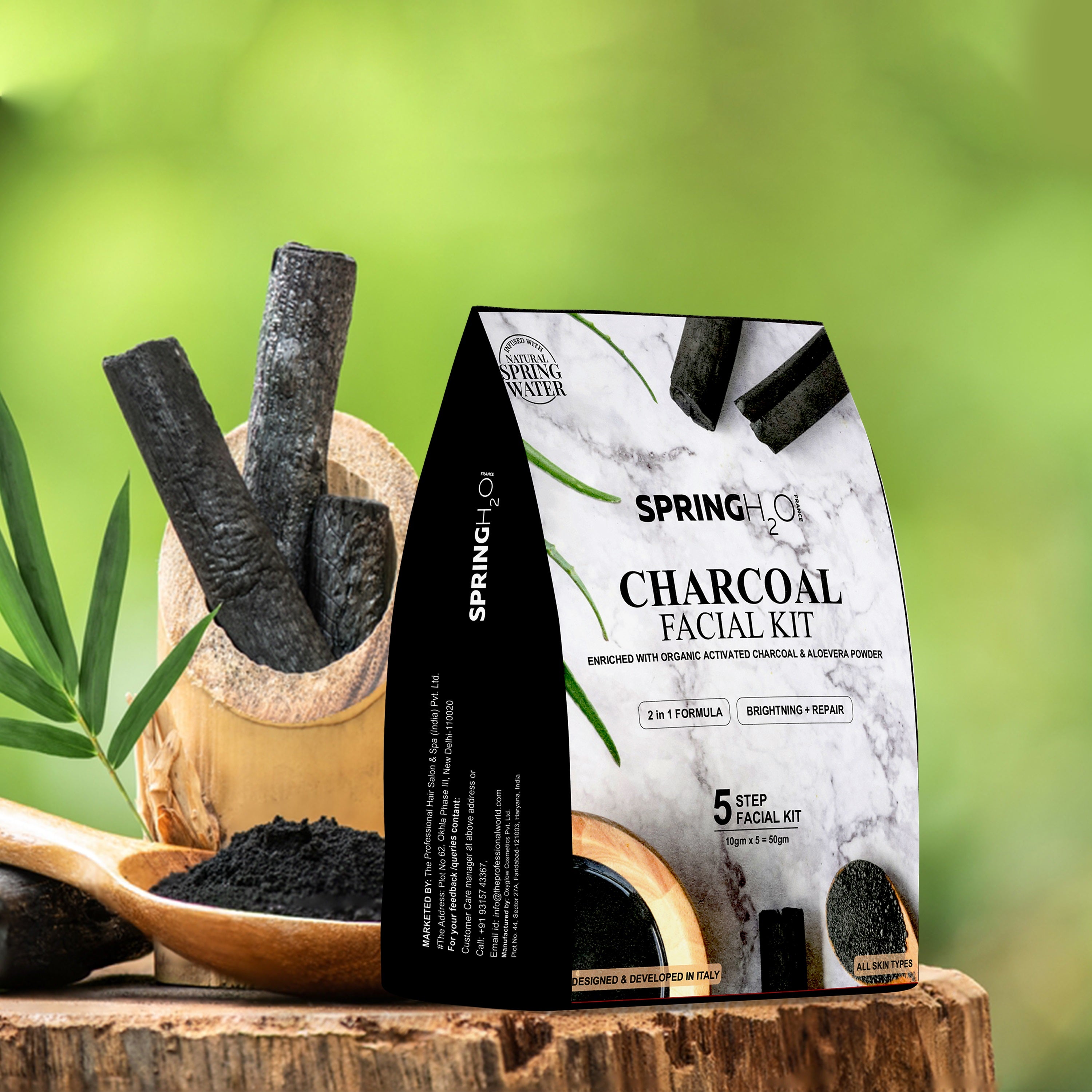 SPRING H2O Charcoal Facial Kit 50 gm 2 in 1 Formula Brightning+Repair 5 Step